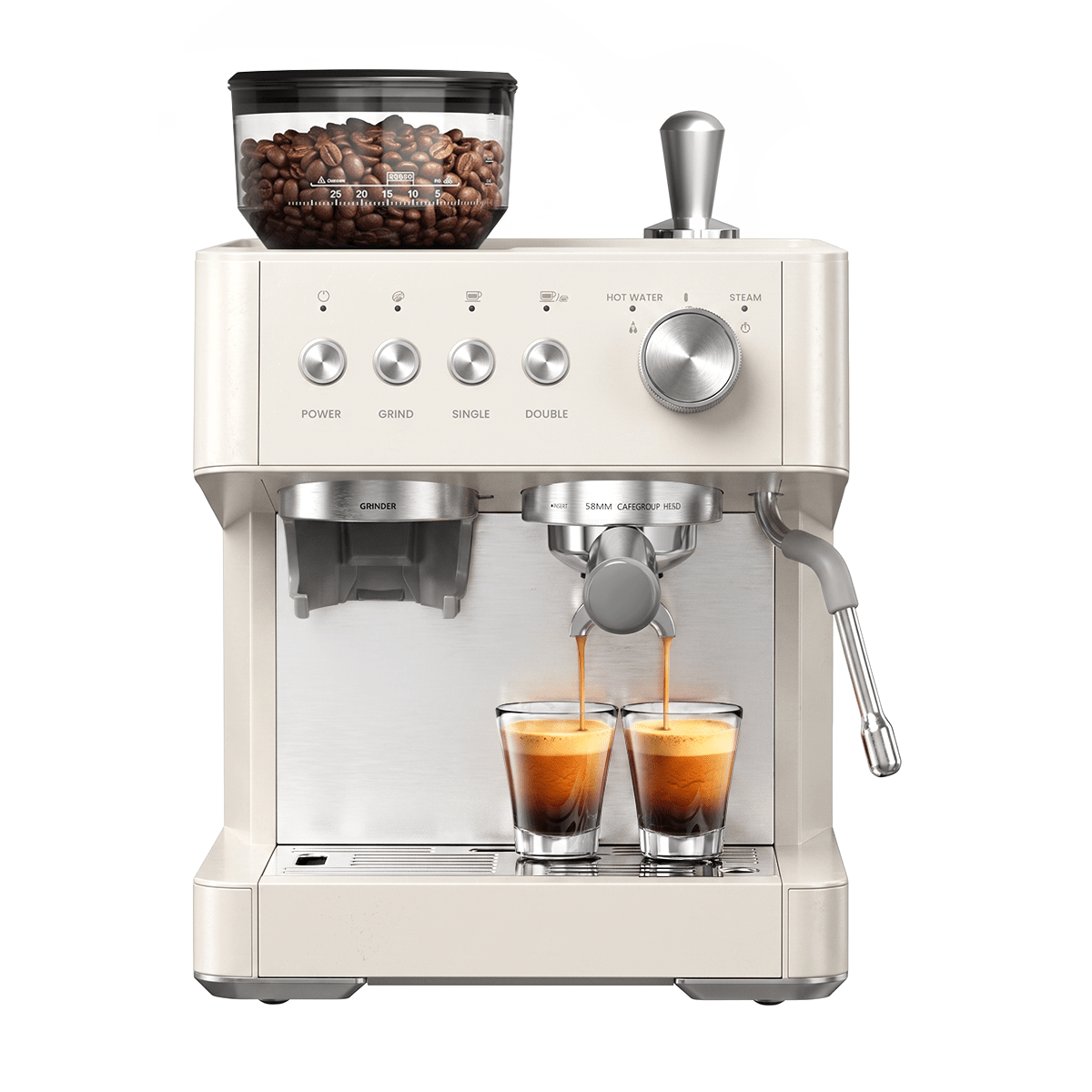 Kismile 20 Bar Espresso Machine CM8031 cream finish with bean hopper and portafilter on Tampa Home & Garden Store