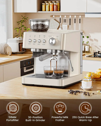 Kismile CM8031 20 Bar espresso machine in cream with top bean hopper and dual-shot portafilter on Tampa Home & Garden Store