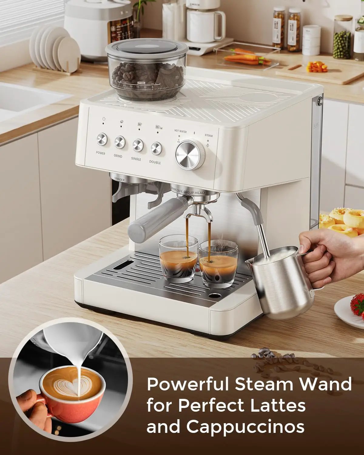 Kismile CM8031 20 Bar espresso machine, silver stainless steel with steam wand and dual shots on Tampa Home & Garden Store