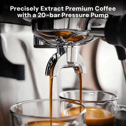Kismile semi-automatic espresso machine with chrome finish brewing espresso into two glass cups on Tampa Home & Garden Store