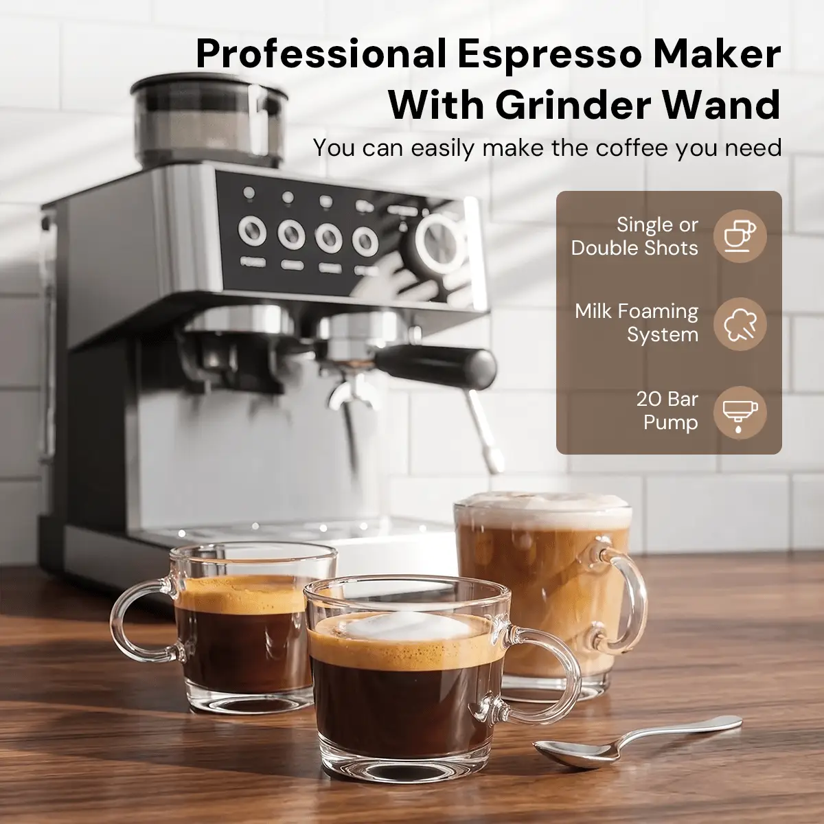 Kismile 20 Bar Espresso Machine CM8031 with grinder wand, stainless steel and black on Tampa Home & Garden Store