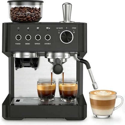Kismile espresso machine CM8031 with built-in grinder, black finish, dual-cup brew, steam wand on top on Tampa Home & Garden Store