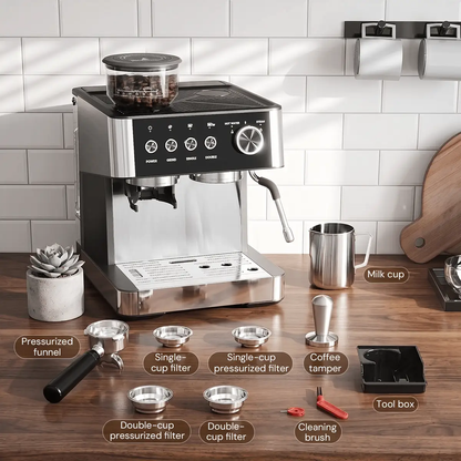 Kismile 20 Bar espresso machine CM8031 coffee maker with stainless steel body and accessory kit including filters tamper brush on Tampa Home & Garden Store