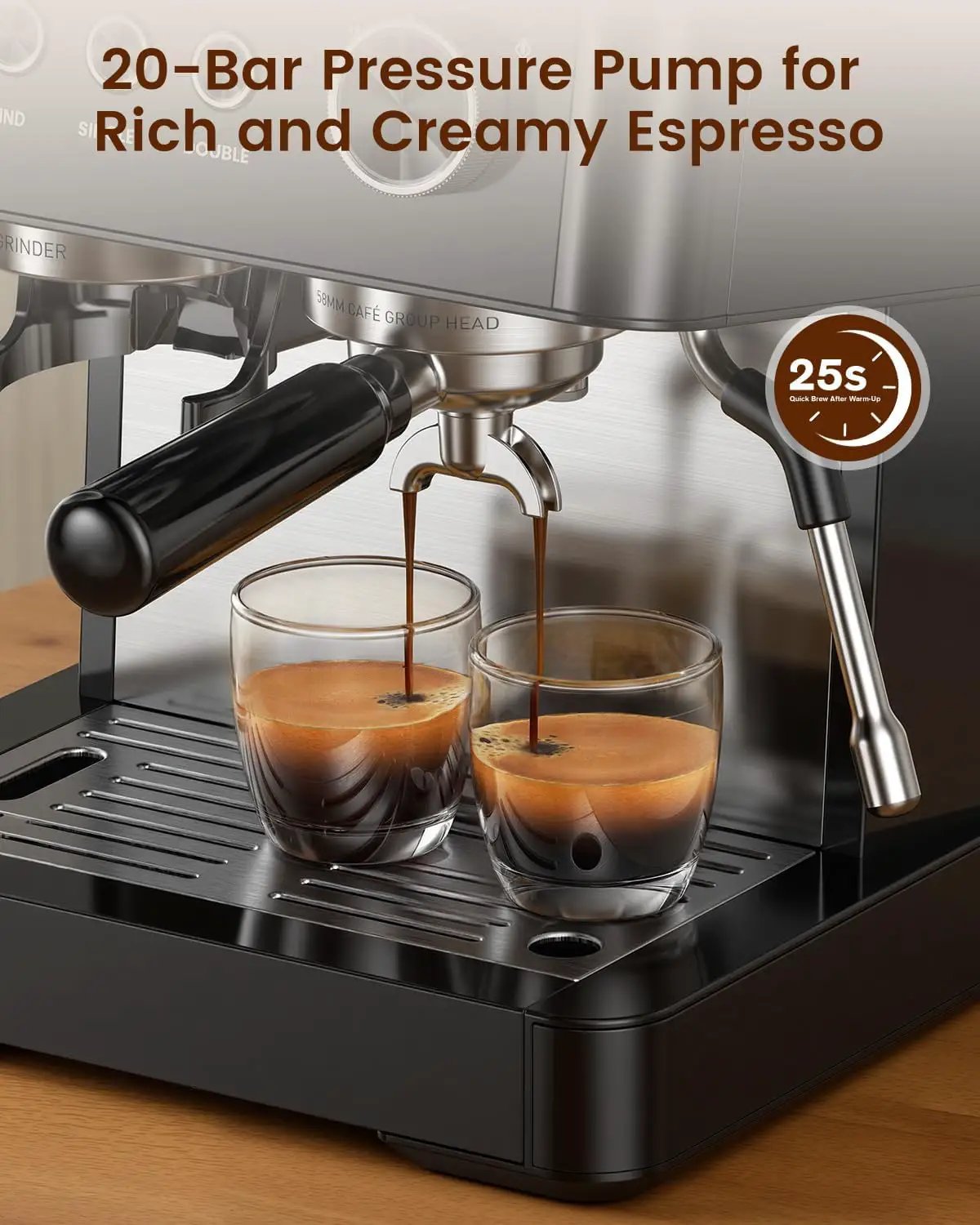 Kismile 20 Bar espresso machine CM8031 steel body black portafilter brewing crema shots on Tampa Home & Garden Store