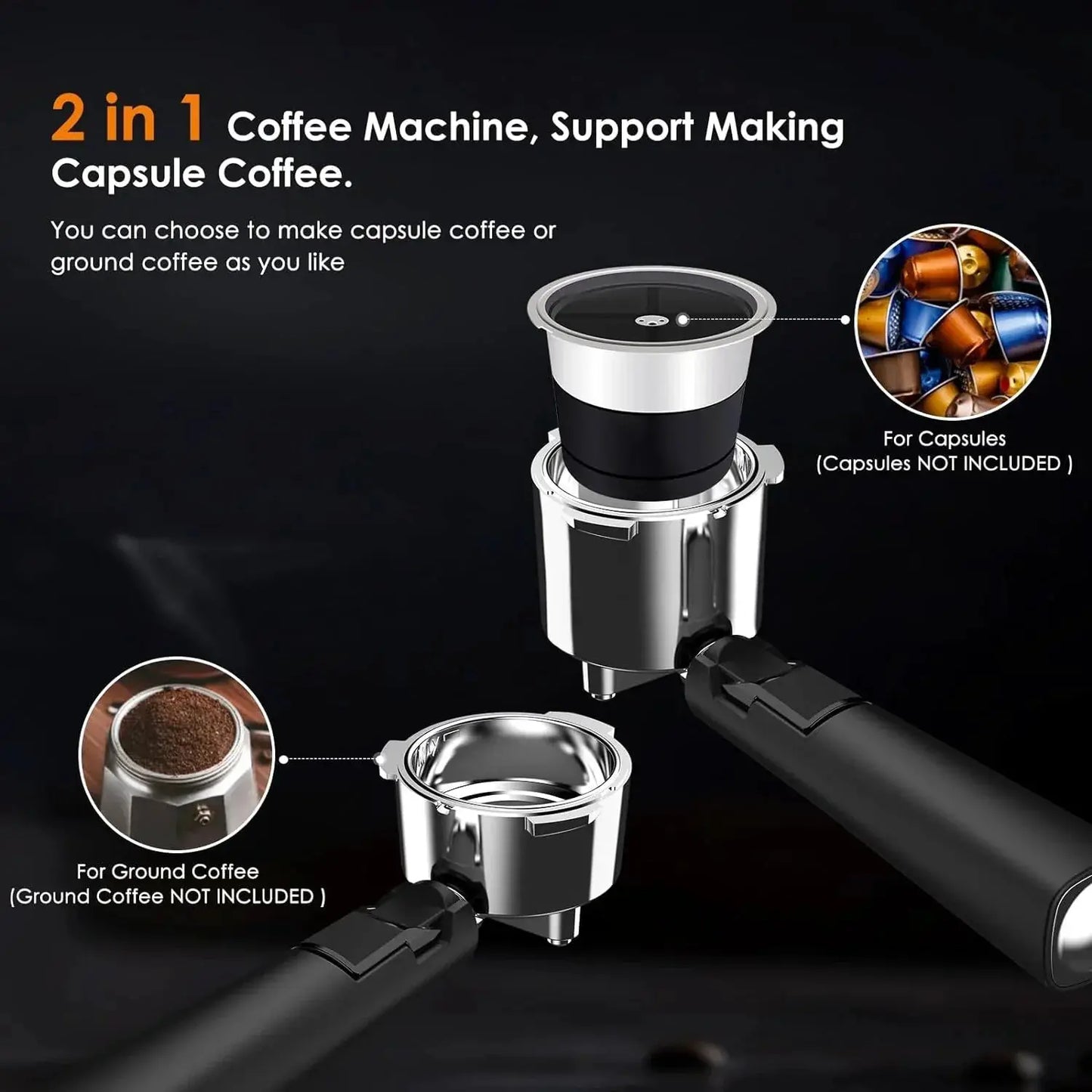 Kismile 20 Bar espresso CM8031 2-in-1 coffee maker for capsules or ground coffee, stainless steel on Tampa Home & Garden Store