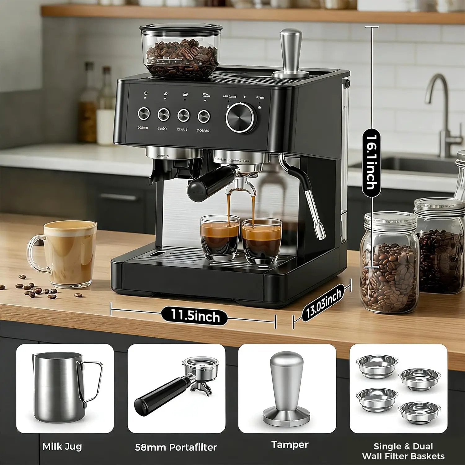 Kismile CM8031 20 Bar espresso machine in black with bean hopper and crema shots on Tampa Home & Garden Store