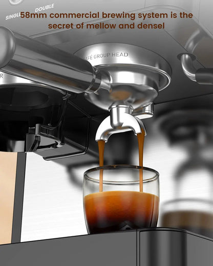 Kismile 20 Bar espresso machine CM8031 with 58mm group head brewing espresso into a glass cup on Tampa Home & Garden Store