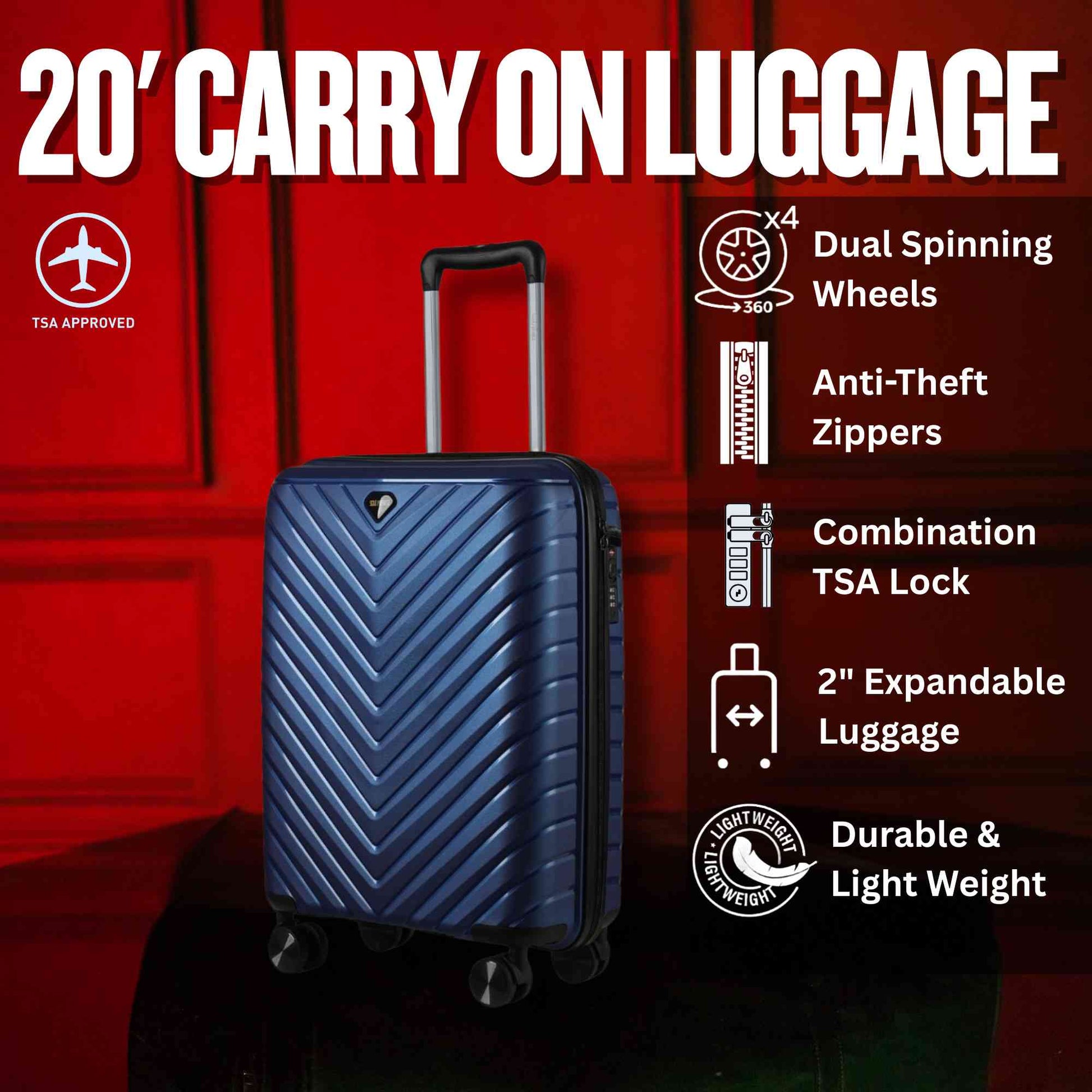 20-inch Blue Carry-On Hardcase Roller Luggage - Tampa Home & Garden Store