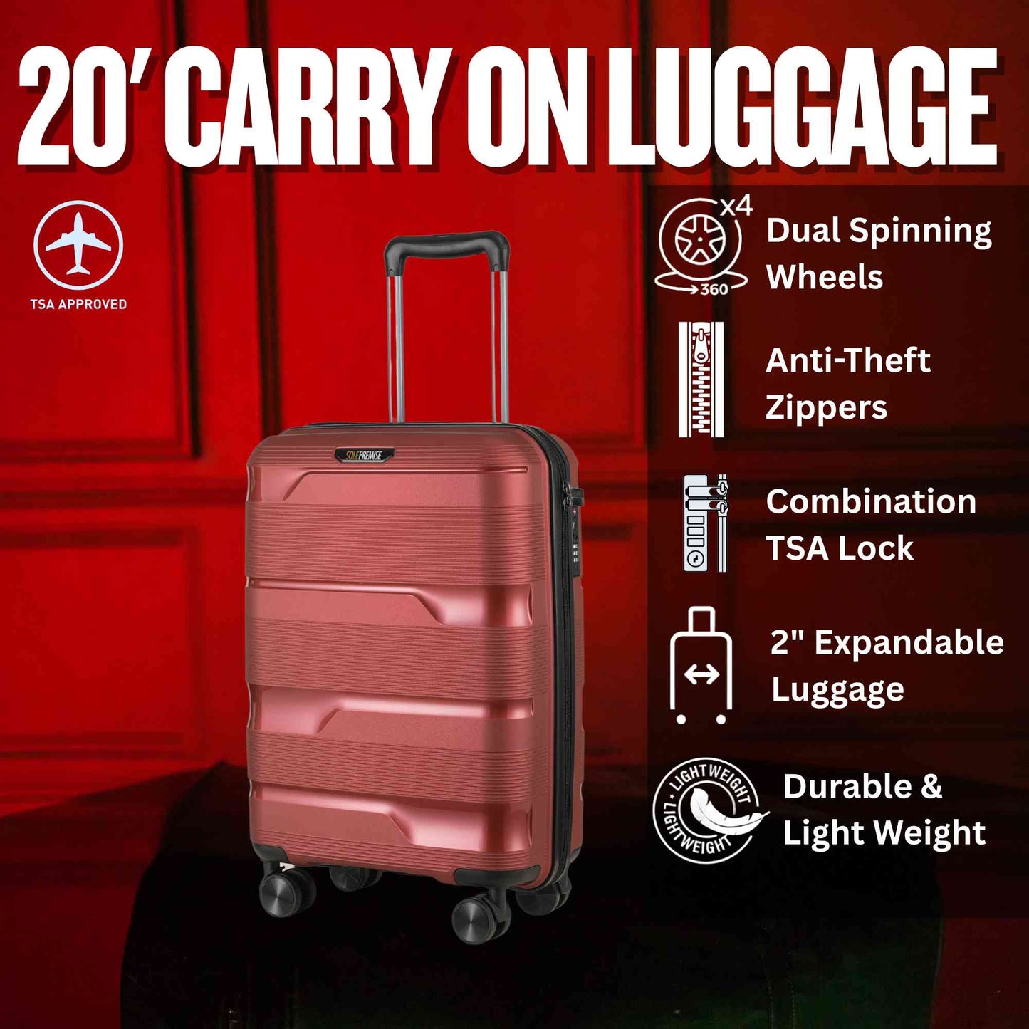 20-inch Red Carry-On Hardcase Roller Luggage - Tampa Home & Garden Store