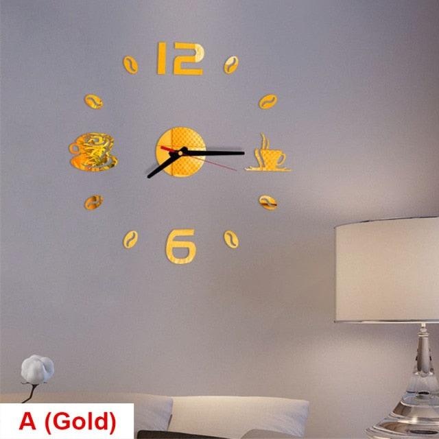 Stevvex 20 inch round gold acrylic mirror wall clock sticker with coffee cup icons on Tampa Home & Garden Store
