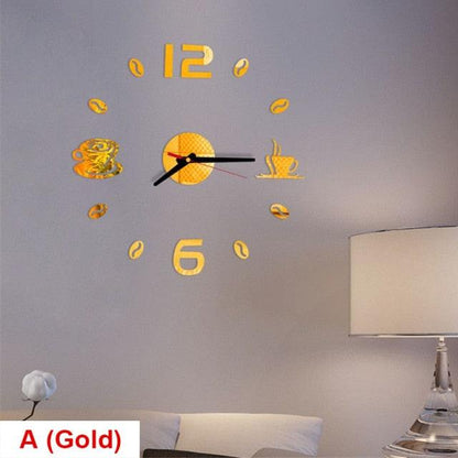 Stevvex 20 inch round gold acrylic mirror wall clock sticker with coffee cup icons on Tampa Home & Garden Store