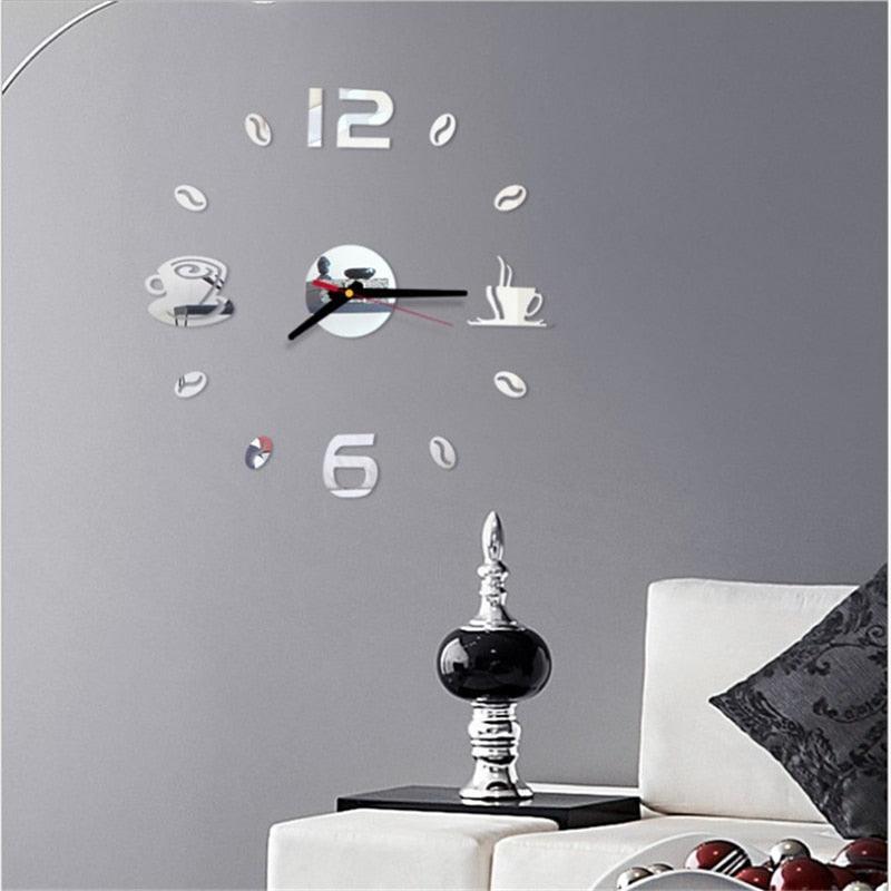 20 inch Stevvex wall clock with acrylic mirror stickers and coffee cup markers on a gray wall on Tampa Home & Garden Store