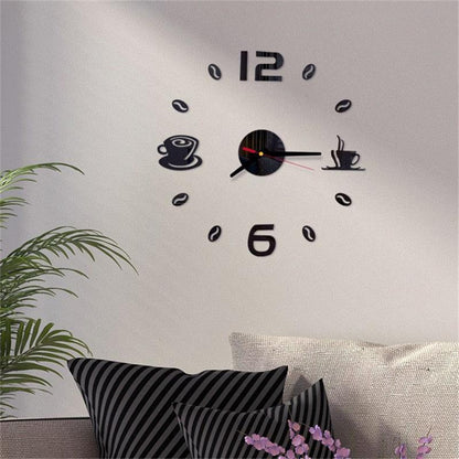 20 Inch Round Wall Clock Sticker by Stevvex with coffee cup motifs, acrylic mirror decals on Tampa Home & Garden Store