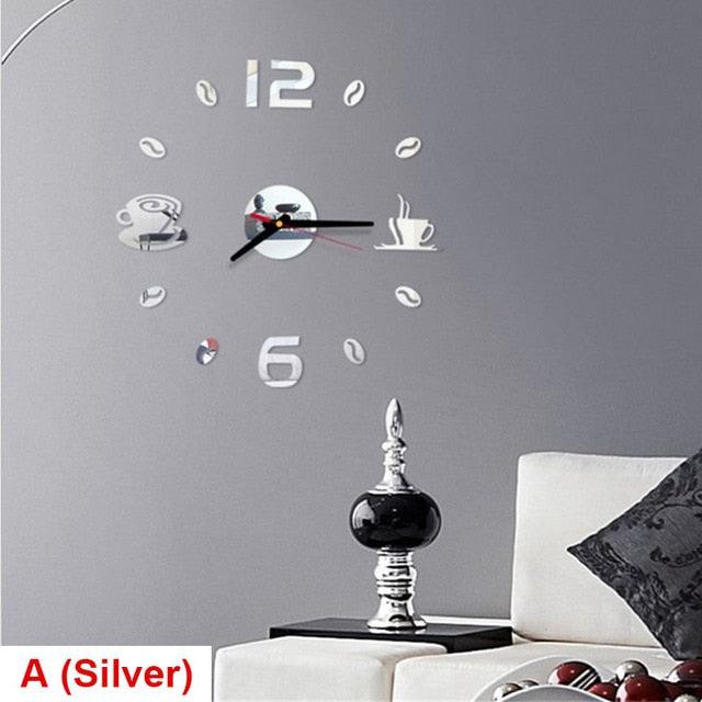 Wall Clock Stevvex 20 Inch Round silver acrylic mirror sticker with coffee cup accents on Tampa Home & Garden Store