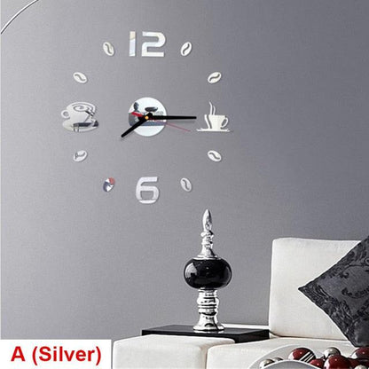 Wall Clock Stevvex 20 Inch Round silver acrylic mirror sticker with coffee cup accents on Tampa Home & Garden Store