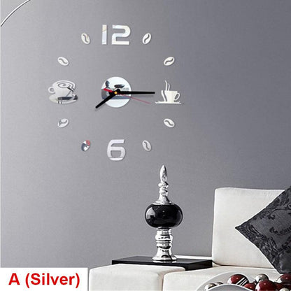 Stevvex 20in Silver round wall clock with acrylic mirror stickers and coffee cup accents on Tampa Home & Garden Store