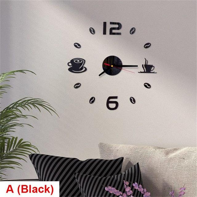 20 Inch round wall clock with coffee cup decals by Stevvex, black acrylic face on Tampa Home & Garden Store