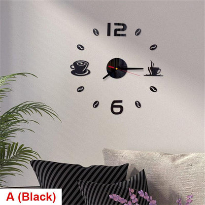 Wall clock Stevvex 20 inch round with coffee cup accents and Arabic numerals mirror stickers on Tampa Home & Garden Store