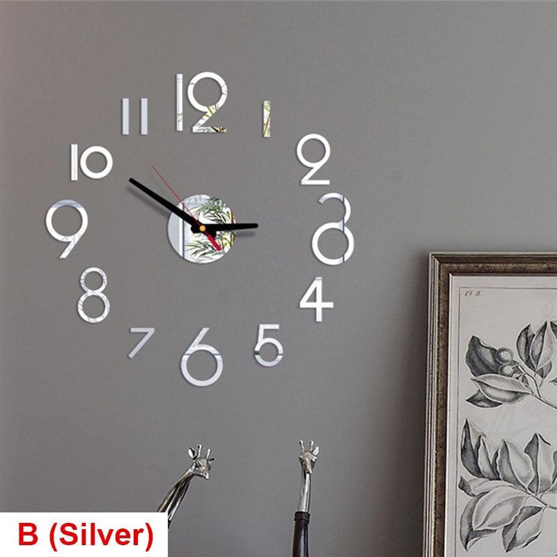 20in round wall clock by Stevvex with silver acrylic mirror numbers center motif and black hands on Tampa Home & Garden Store