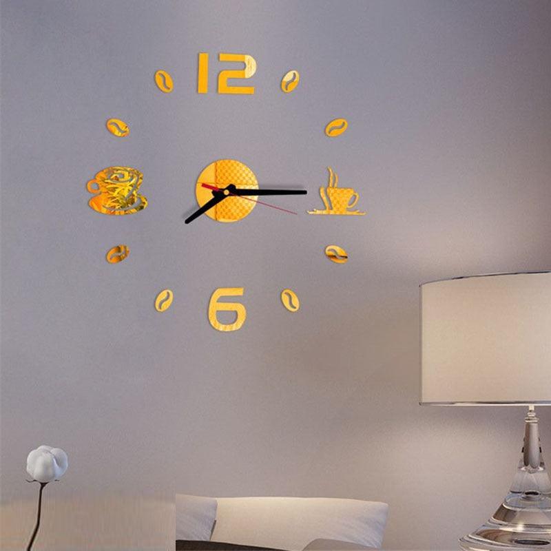 Stevvex 20-Inch wall clock sticker with gold coffee cup accents 12/6 numerals acrylic mirror silent on Tampa Home & Garden Store