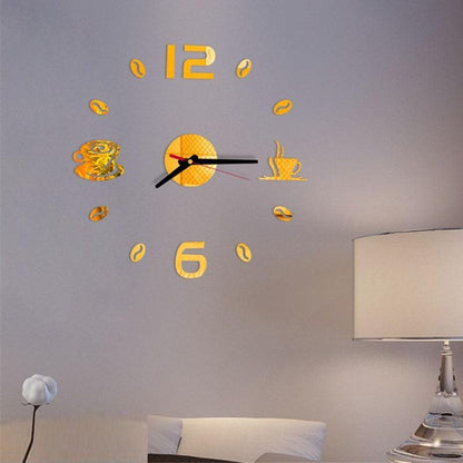 Stevvex 20-Inch wall clock sticker with gold coffee cup accents 12/6 numerals acrylic mirror silent on Tampa Home & Garden Store