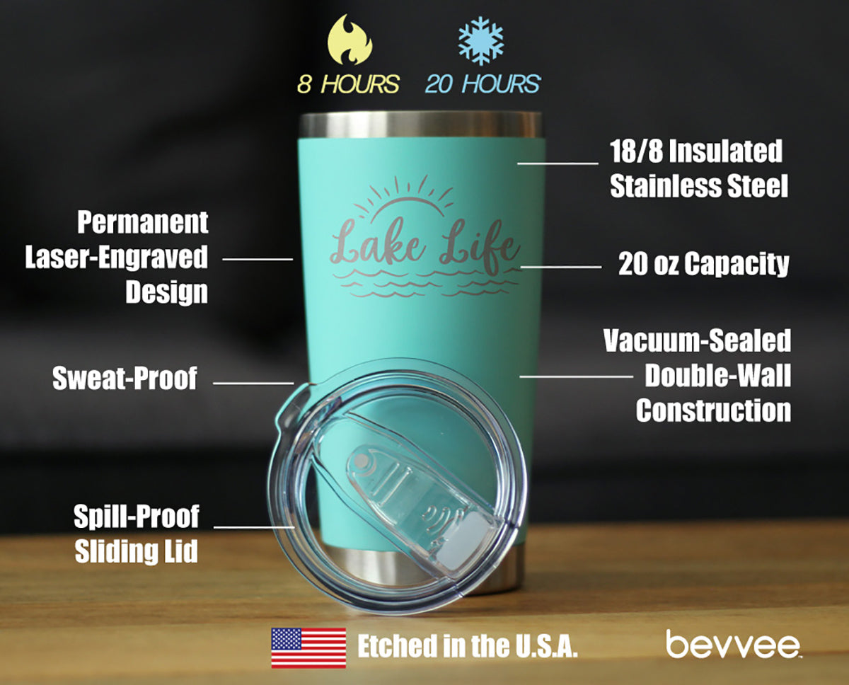 Lake Life – Gobelet à café isotherme avec couvercle coulissant – Tasse isotherme en acier inoxydable – Jolie tasse de camping en plein air et décoration de maison de lac