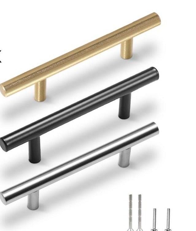 20 pcs Stevvex T-bar pulls in brushed gold, black, and stainless finishes with screws on Tampa Home & Garden Store