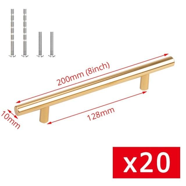 Stevvex 20-piece brushed gold stainless steel T-bar cabinet pull set, 200mm overall on Tampa Home & Garden Store