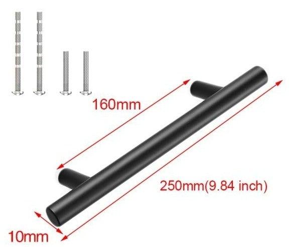 Black stainless steel T-bar cabinet pull, 250mm long, 10mm diameter, with 4 mounting screws on Tampa Home & Garden Store