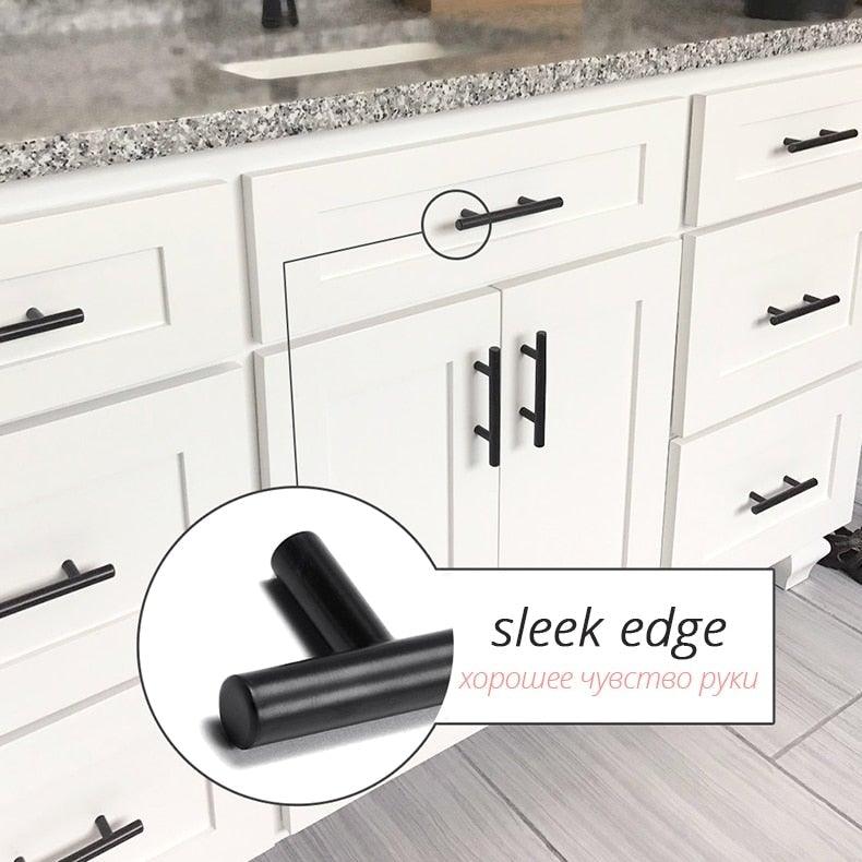 20 pcs black stainless steel cabinet pulls set with T-bar and vertical handles on white kitchen cabinets on Tampa Home & Garden Store