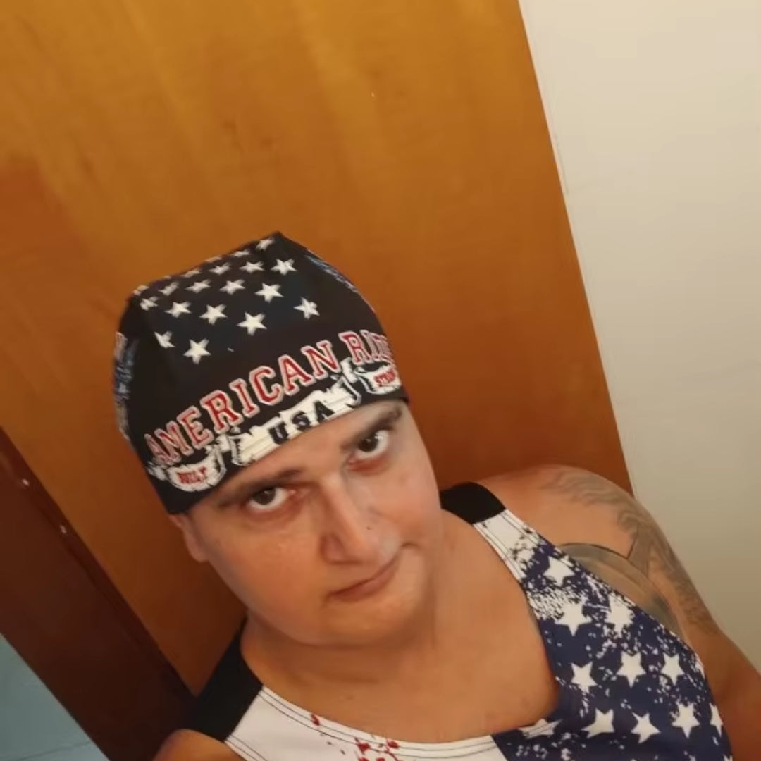 Motorcycle helmet balaclava by BikerZoneZ featuring starry American flag print head wrap, on Tampa Home & Garden Store