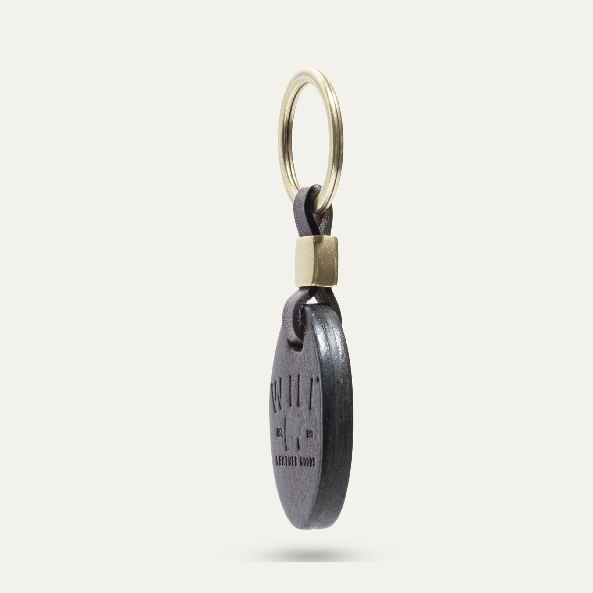 Oval key fob by Will Leather Goods, brass ring with brown leather strap on Tampa Home & Garden Store