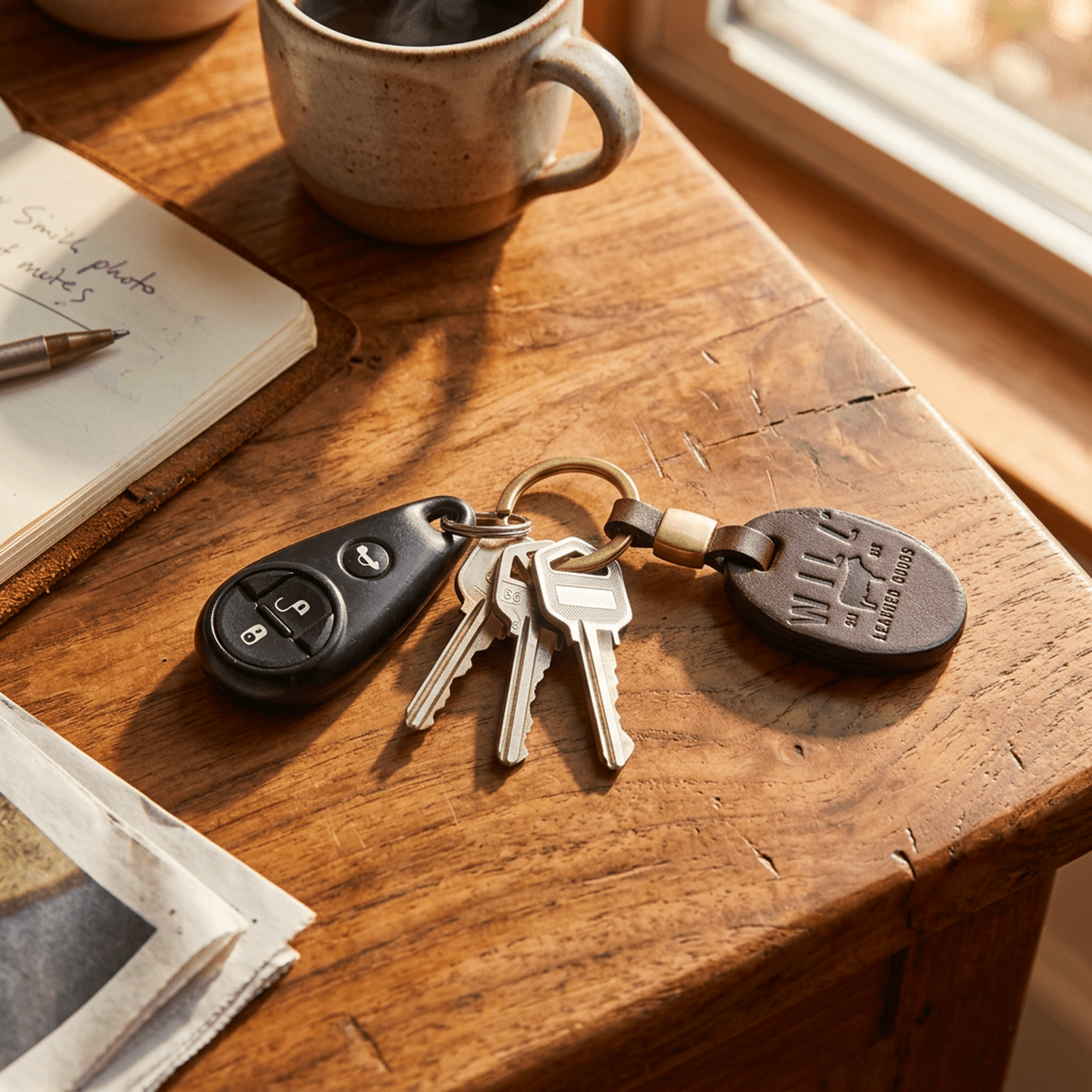 Oval Key Fob Will Leather Goods brown leather with ring; 3 keys and a remote on a table on Tampa Home & Garden Store