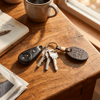 Oval Key Fob Will Leather Goods brown leather with ring; 3 keys and a remote on a table on Tampa Home & Garden Store