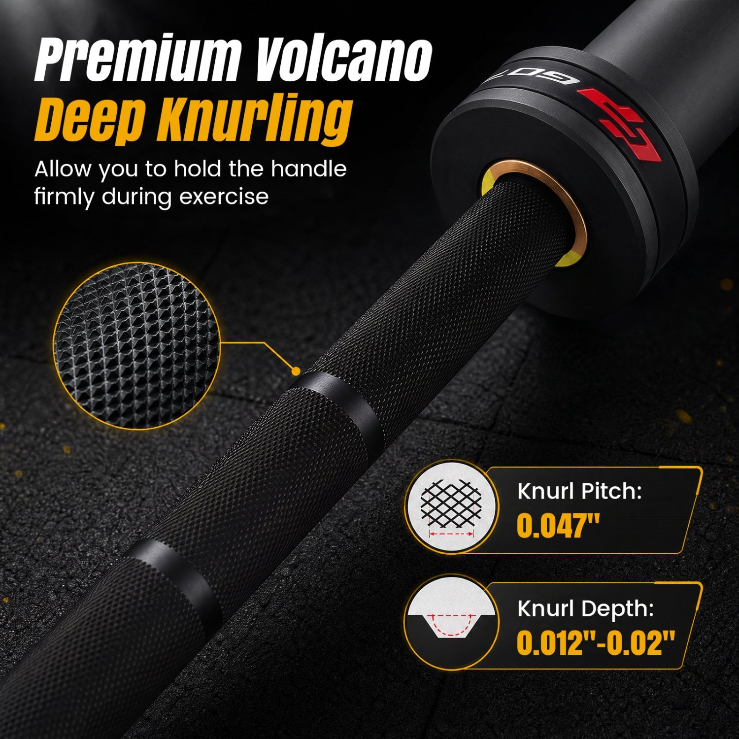 7ft Olympic Barbell DirectDeals deep volcano knurling and 0.047 in pitch, black grip on bar on Tampa Home & Garden Store