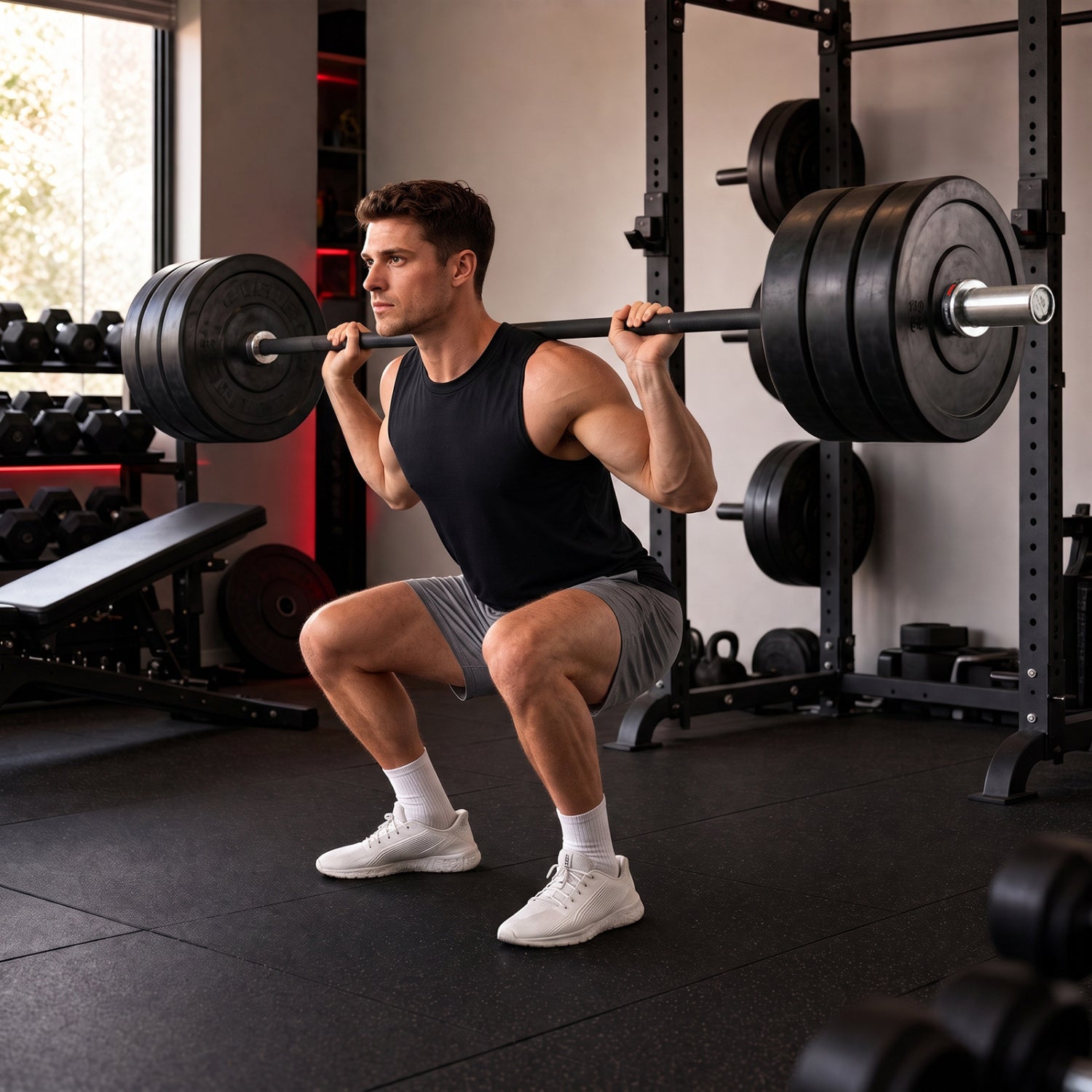 DirectDeals 7ft Olympic Barbell with 2000 lbs capacity for heavy squats in a power rack on Tampa Home & Garden Store