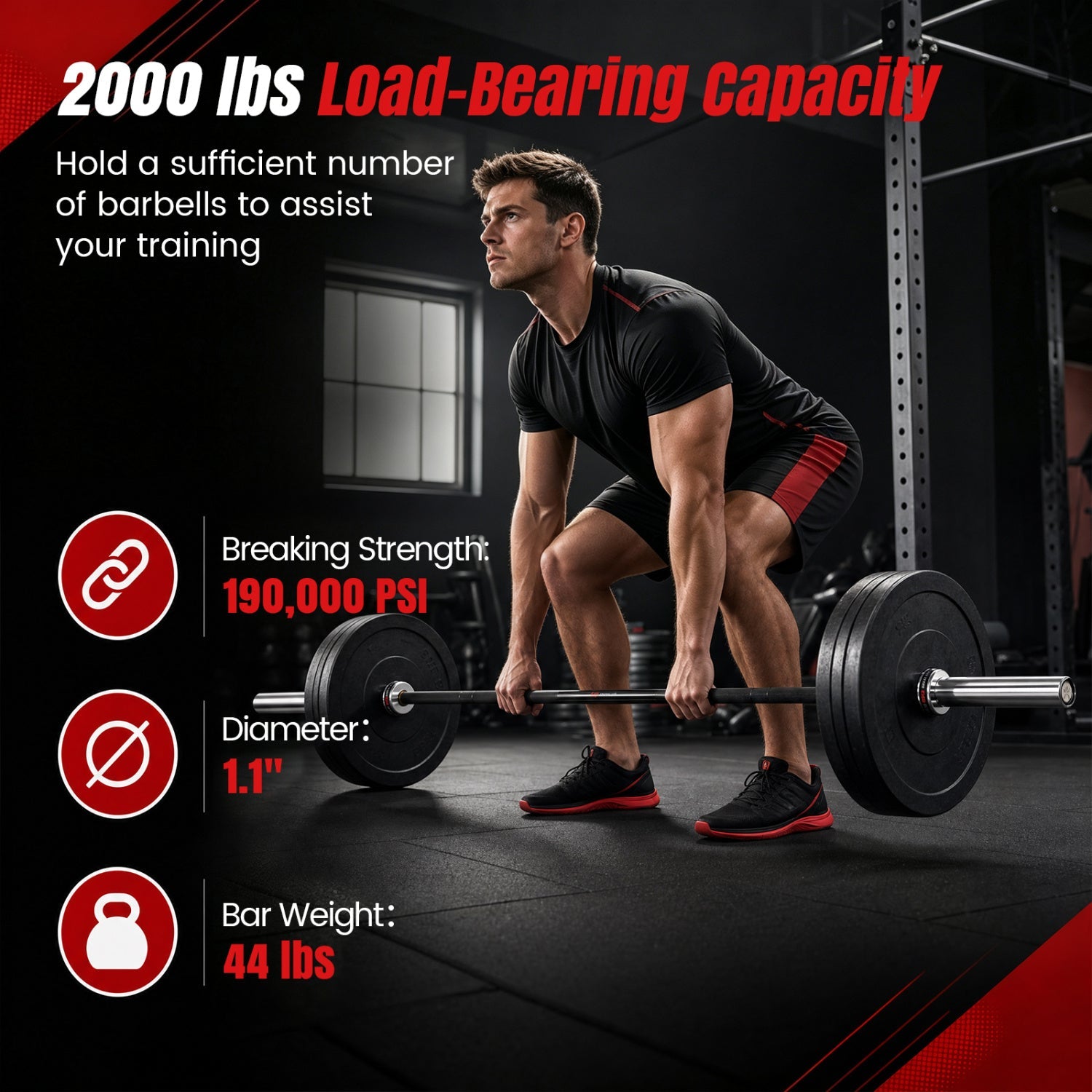 Olympic Barbell by DirectDeals 7ft, 2000 lbs capacity, silver bar and black weight plates in gym on Tampa Home & Garden Store