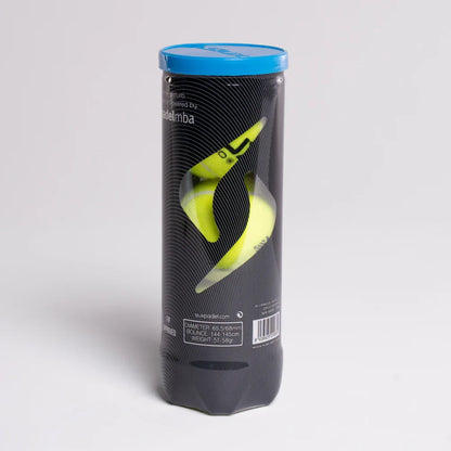 Neo S 26 Sleeve balls by Siux USA in a dark cylindrical container with a bright blue lid and neon yellow balls on Tampa Home & Garden Store