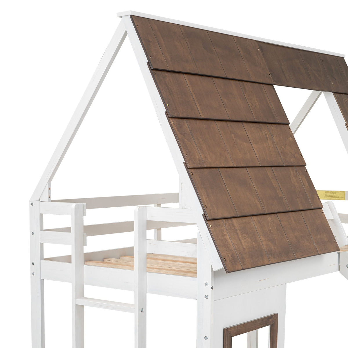 Wood twin-size house bunk bed with white frame and brown roof panels, ladder detail by HouseOfZazla on Tampa Home & Garden Store