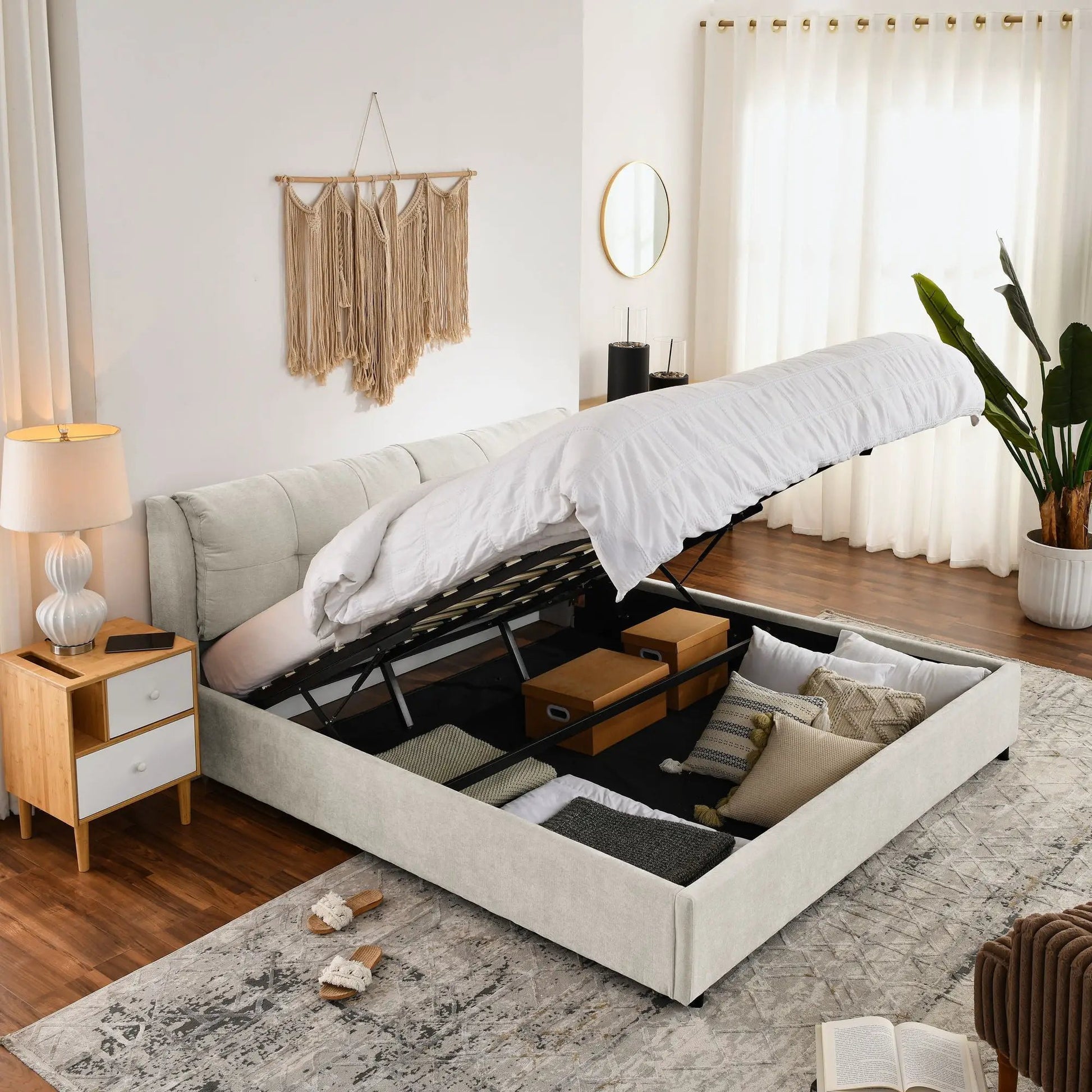 Storage upholstered hydraulic platform bed with headboard in gray fabric and underbed storage on Tampa Home & Garden Store