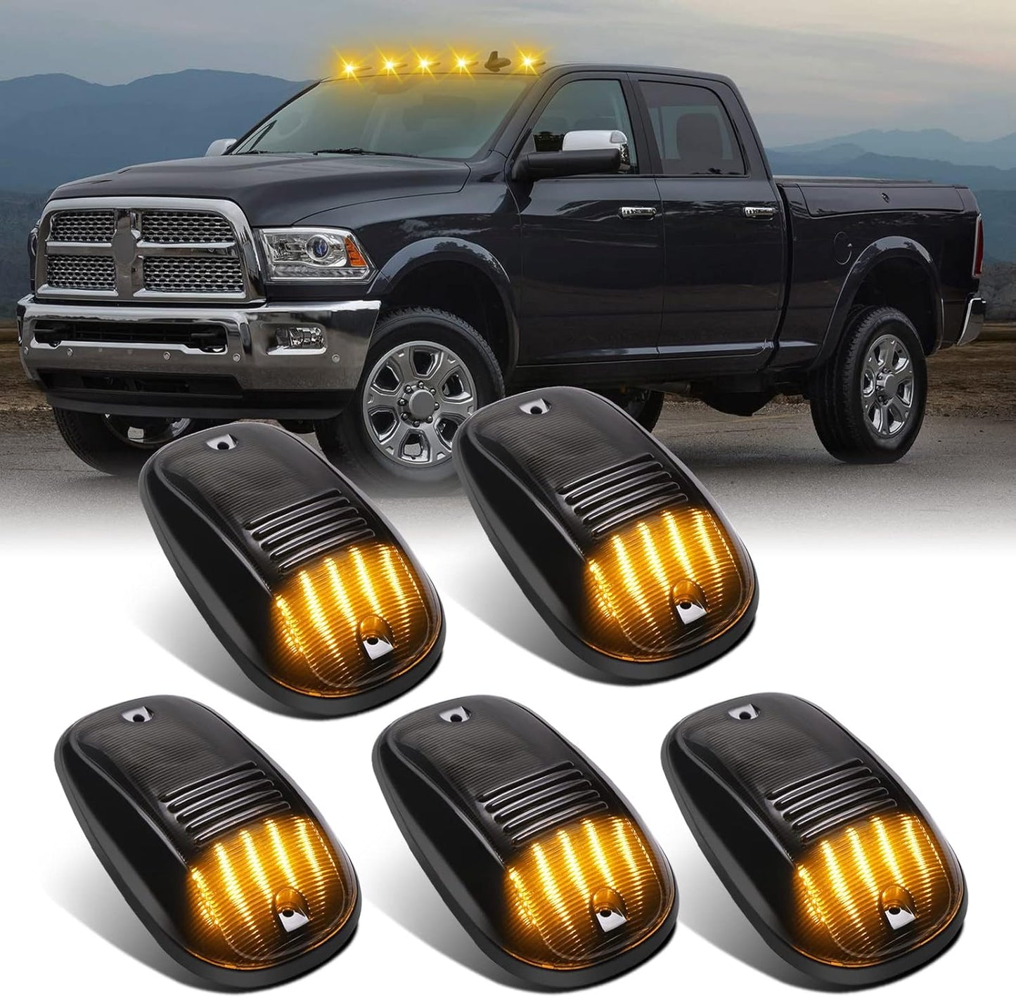 LED Roof Cab Lights kit for 2003–2018 Dodge Ram HD, smoked amber/clear white lenses on Tampa Home & Garden Store