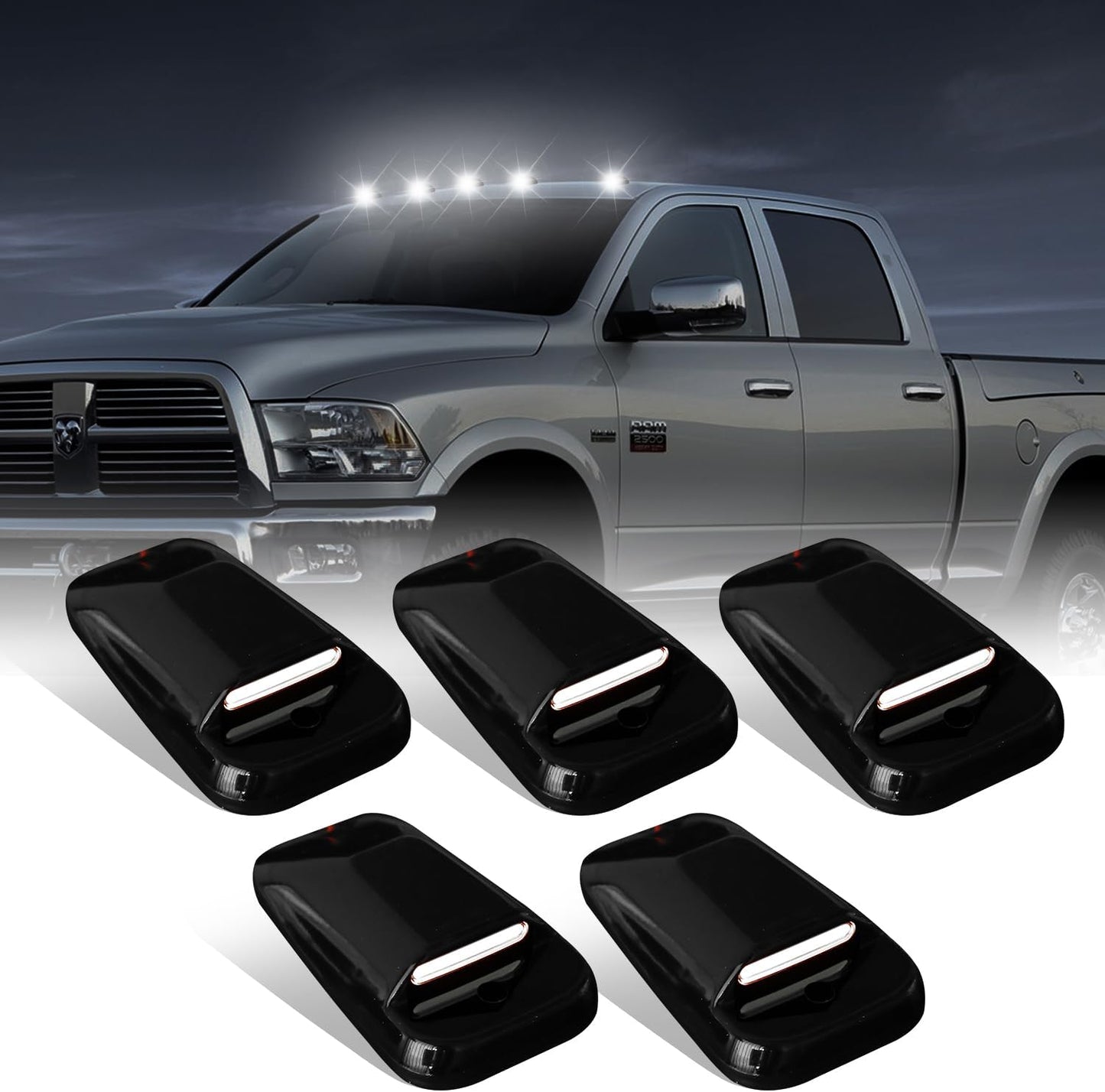 AutoLEDTech Slim-Line LED Roof Cab Lights for 2003–2018 Ram, smoked white amber, black housings on Tampa Home & Garden Store