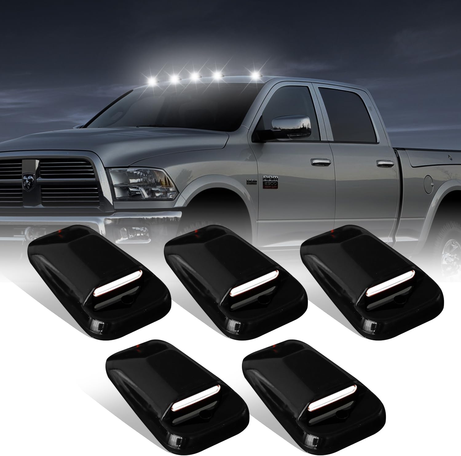 AutoLEDTech Slim-Line LED Roof Cab Lights for 2003–2018 Ram, smoked white amber, black housings on Tampa Home & Garden Store