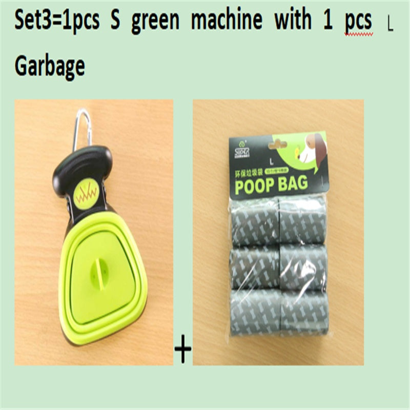 Pet Zen foldable dog poop scooper with bright green plastic and bag pack labeled POOP BAG on Tampa Home & Garden Store