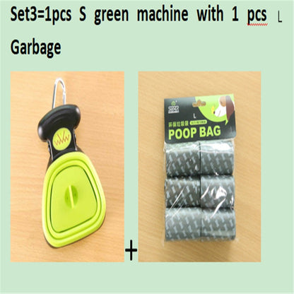Pet Zen foldable dog poop scooper with bright green plastic and bag pack labeled POOP BAG on Tampa Home & Garden Store