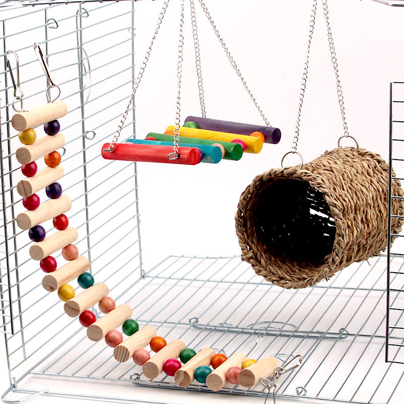 Rat parrot toy swing ladder with colorful wooden rungs and woven basket in cage by Sell My Stuff on Tampa Home & Garden Store