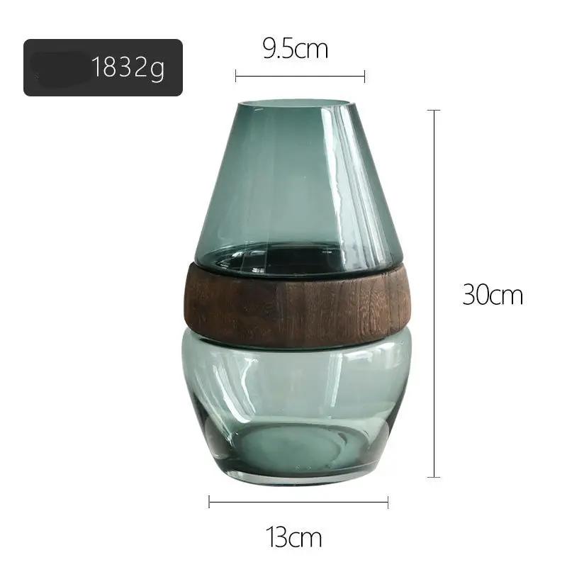Log Solid Wood Glass Vase with dark wood band; blue-green transparent glass, 30cm tall on Tampa Home & Garden Store
