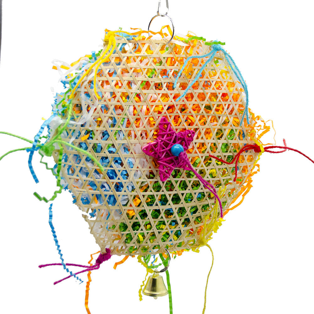 Bird brushed straw toy, colorful woven lattice ball with rainbow ribbons and a small bell on Tampa Home & Garden Store