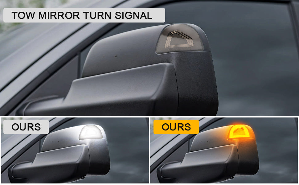Ram tow mirror lights smoked housing with white and amber LED turn signals for Ram 1500/2500HD on Tampa Home & Garden Store