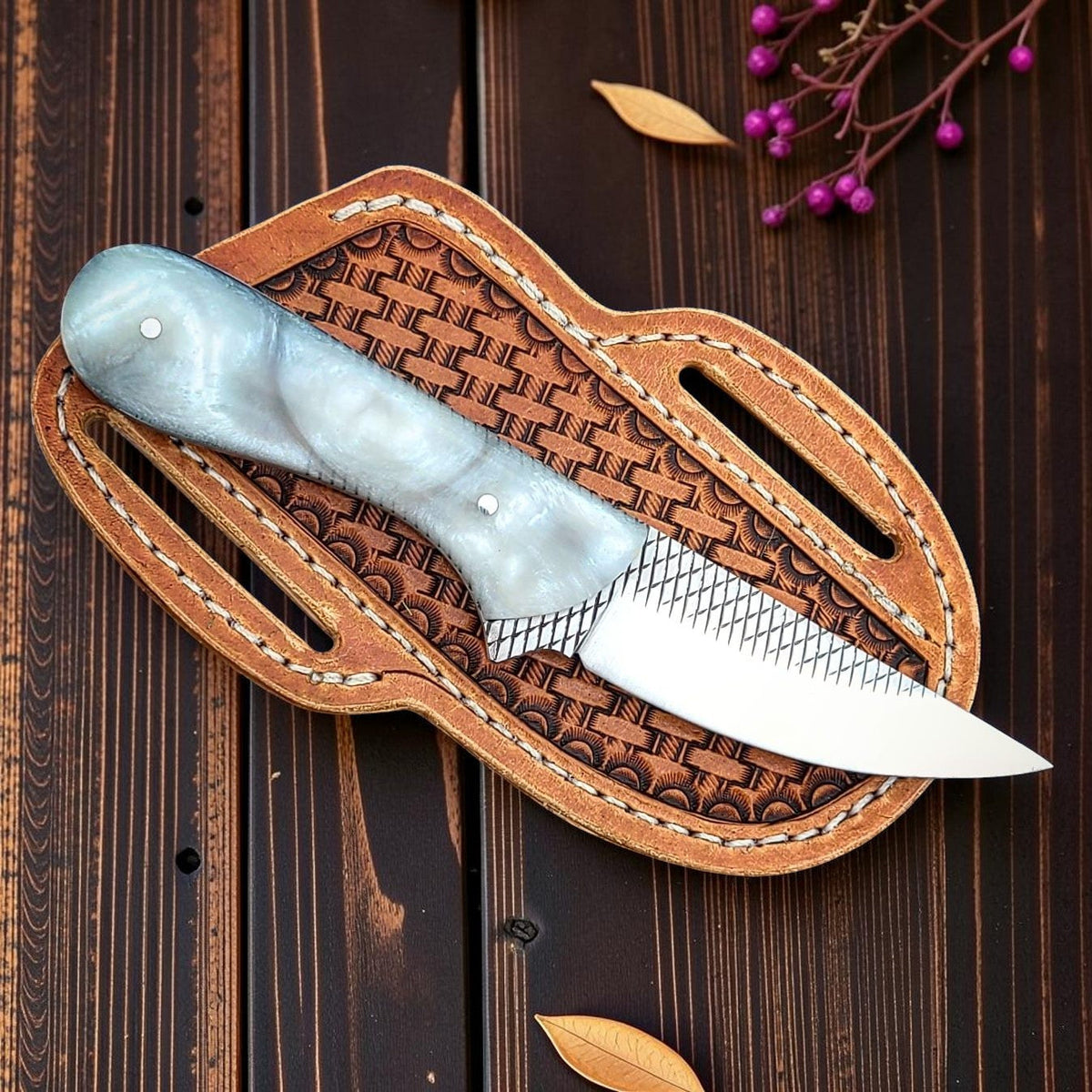 Knife The Silver Spur pearl resin handle rasp steel blade leather sheath Frontier Cowboy Gear on Tampa Home & Garden Store